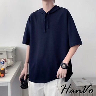 【HanVo】男款薄款連帽潮流短袖上衣 簡約舒適時尚短袖上衣 夏季潮流日常T 男生衣著 B1085