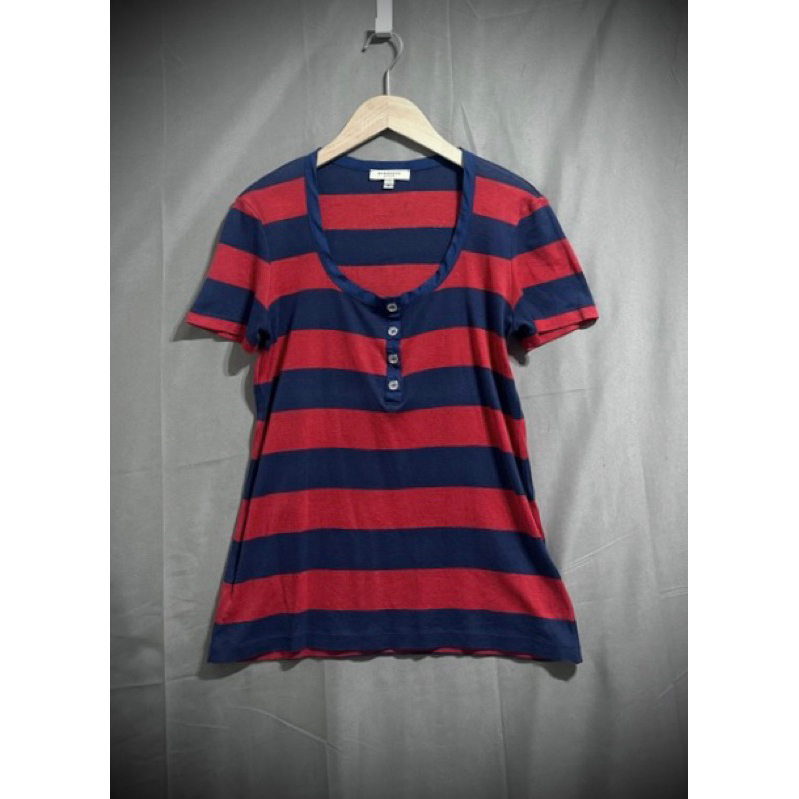 Burberry 海軍藍紅條紋超薄短袖T恤 亨利領棉T