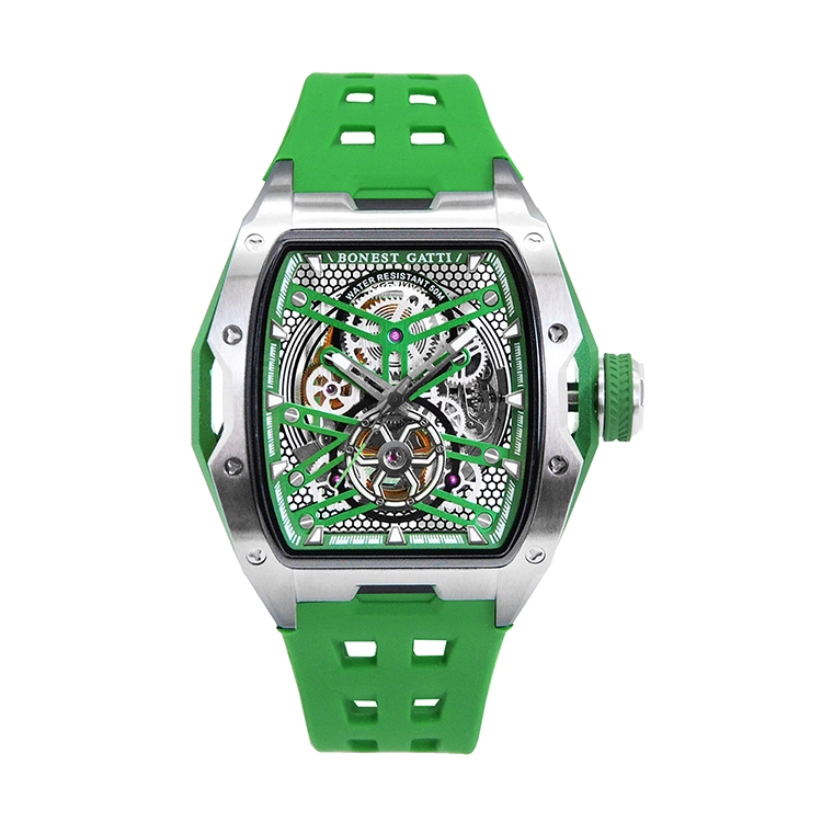 BONEST GATTI布加迪 銀綠色款 鏤空面盤 酒桶造型 氟橡膠錶帶 自動上鍊機械腕錶