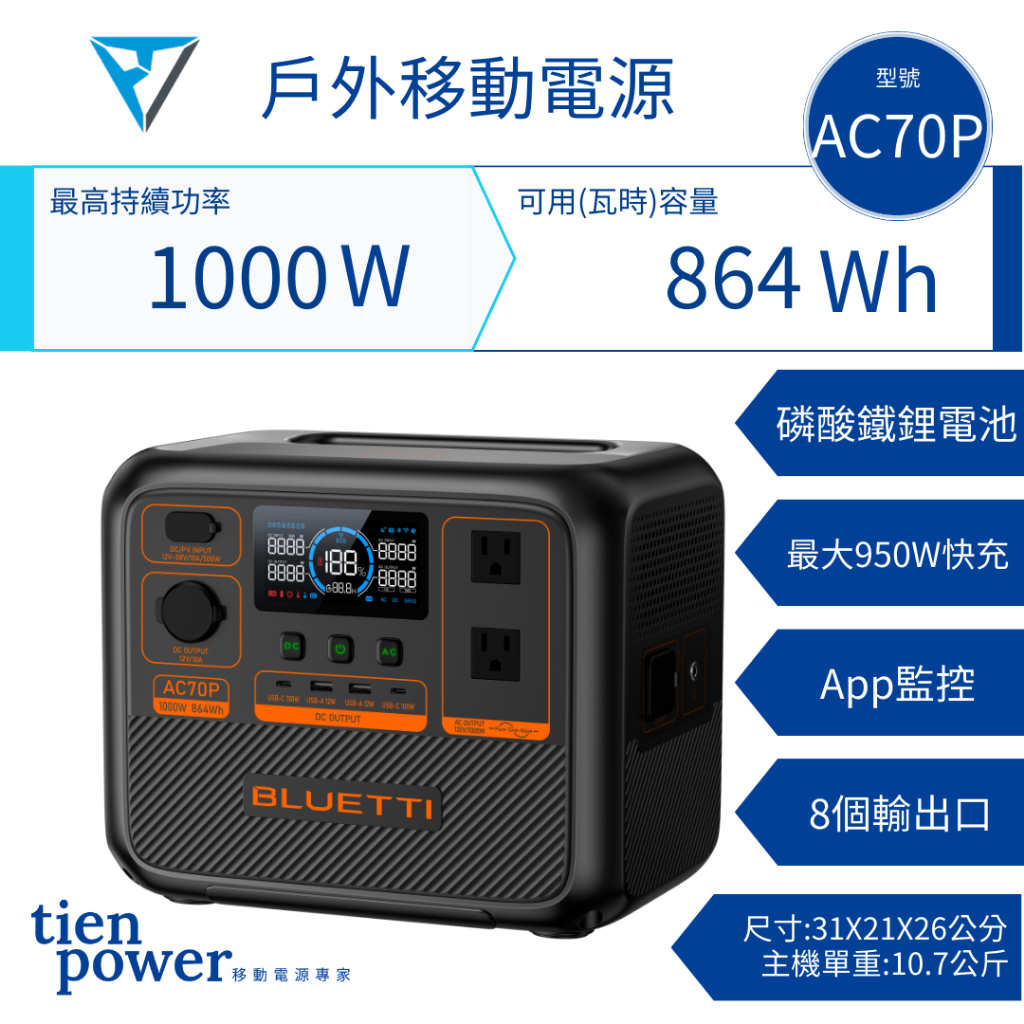 (預購)🔥戶外移動電源(磷酸鋰鐵電池)🔥Bluetti AC70P 110V 1000W 864WH 露營 車泊 市集