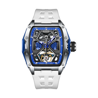 BONEST GATTI | 布加迪 藍色鏤空面盤 酒桶造型 白色氟橡膠錶帶 自動上鍊機械腕錶