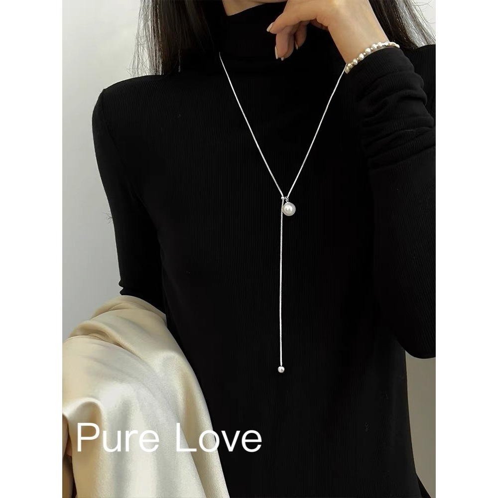 Pure Love樂芙 / 正韓 【N0801】韓系簡約S925純銀一字珍珠抽拉式長項鏈 毛衣鏈 / 銀