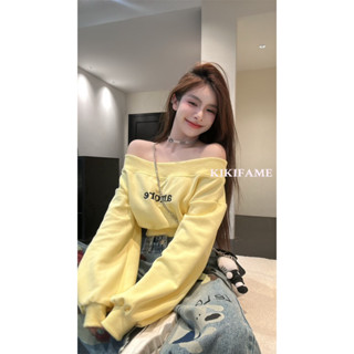 KIKIFAME🐥三色 甜美休閒字母一字領上衣 長袖上衣 長袖T恤 露肩上衣 短版上衣 長袖衛衣 字母T恤
