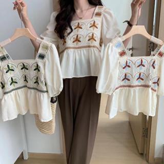 胖胖美依 上衣 針織衫 短袖T卹 新款法式方領鏤空小衫設計感小眾獨特別緻泡泡袖顯瘦短款上衣1F022-966.