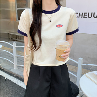 愛依依 短袖T恤 純色上衣 短版衣 M-2XL新款夏季撞色修身短款上衣T550-D3617.