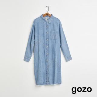 【gozo】➤抽鬚造型牛仔洋裝(淺藍/藍色_F) | 女裝 修身 休閒
