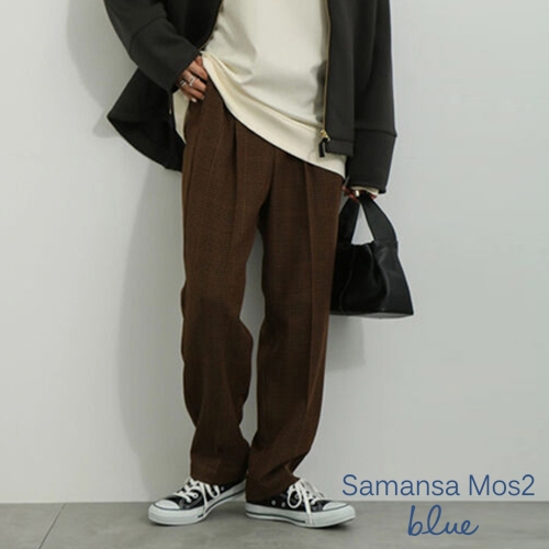 Samansa Mos2 blue 後腰鬆緊格紋圖案直筒修身長褲(FG33L0F1080)