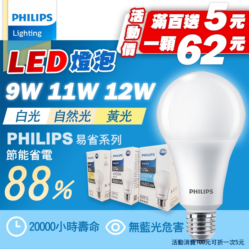 [喜萬年] 2024新款 飛利浦 易省 LED 燈泡 12W 11W 9W 球泡 護眼 無藍光 投射燈 E27燈泡 燈