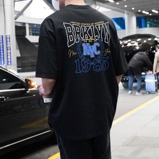 QIAO 韓國新貨 NYC brooklyn 純印刷單品 升級細絨棉 落肩 五分袖 寬鬆 T恤 短袖 短T 穿搭 男生短