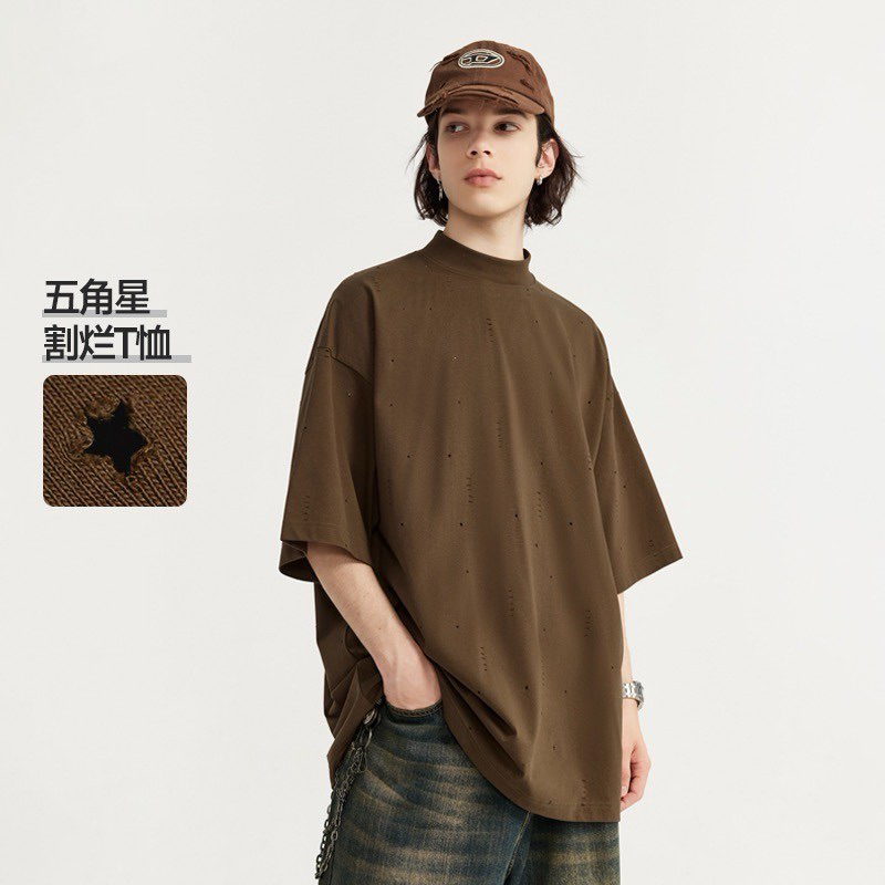 破壞處理  巴黎世家版型  材質好 重磅 立領 微高領 素T 重磅 五分袖 Oversize 短T 時尚 男生 寬鬆