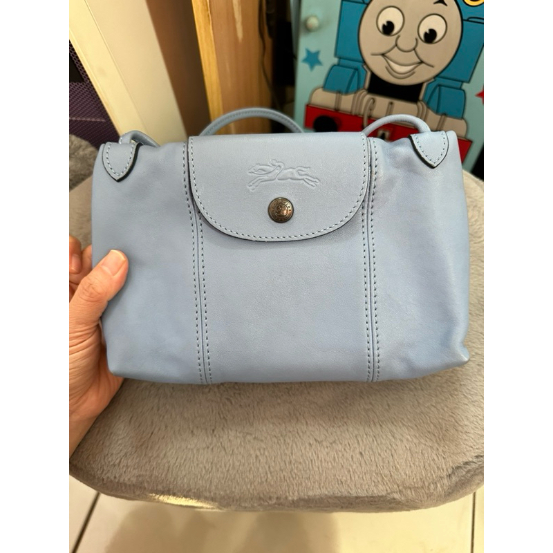 正品 二手 Longchamp Le Pliage Cuir 水藍色 小羊皮 郵差包 斜背包