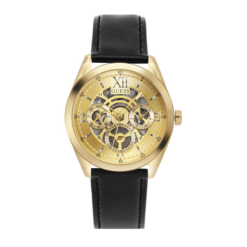GUESS  手錶 | 三眼日期顯示 鏤空錶盤 金x黑 真皮錶帶 GW0389G2