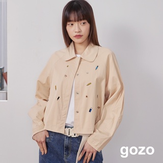 【gozo】散落的鉛筆短版造型襯衫(米色/深藍_F) | 女裝 襯衫領 休閒 長袖