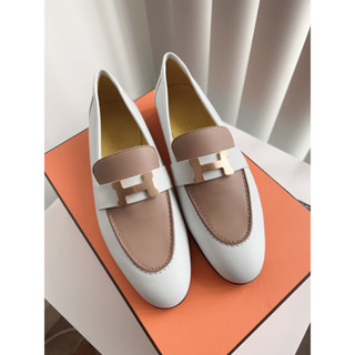 ［闆娘衣櫥出清，全新現貨］Hermes Paris Loafer 愛馬仕 玫瑰金扣 奶茶 白色 拼色樂福鞋 37號