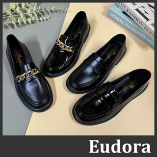 【Eudora】MIT台灣製 小皮鞋 樂福鞋 學生鞋 黑色皮鞋 紳士鞋 金屬鏈條 牛津鞋 懶人鞋 低跟厚底平底 皮鞋包鞋
