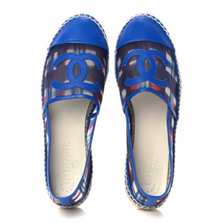CHANEL Mesh Lambskin Plaid Print CC 格紋 藍 鉛筆鞋 漁夫鞋 休閒鞋