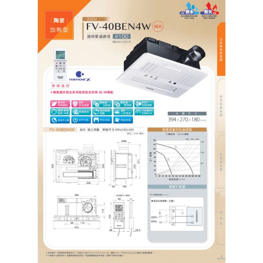 國際 Panasonic FV-40BEN4W  (2024新機上市)陶瓷加熱 浴室換氣暖風機 220遙控型