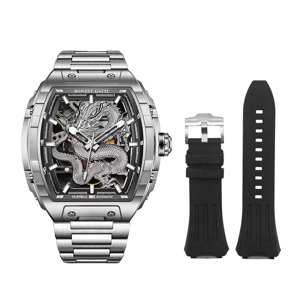 BONEST GATTI | 原廠授權布加迪 贈送矽膠錶帶 銀龍款 酒桶造型 不鏽鋼錶帶 自動上鍊機械腕錶