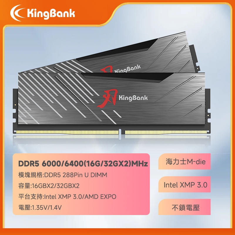 KingBank金百達 DDR5 16G×2 32G×2 DDR5 6000 6400 雙通道 含散熱片 桌機記憶體