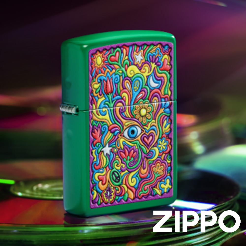 ZIPPO 抽象迷幻防風打火機 48957 充滿愛 和平 時尚 時髦 草綠色霧面 催眠般的抽象彩色影像 終身保固