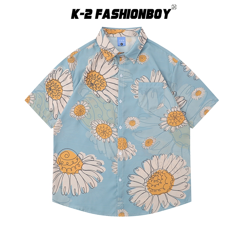 【K-2】線條感 藝術生 太陽花 向日葵 藍天 口袋襯衫 短袖襯衫 穿搭 海邊 花樣 花襯衫【H325】