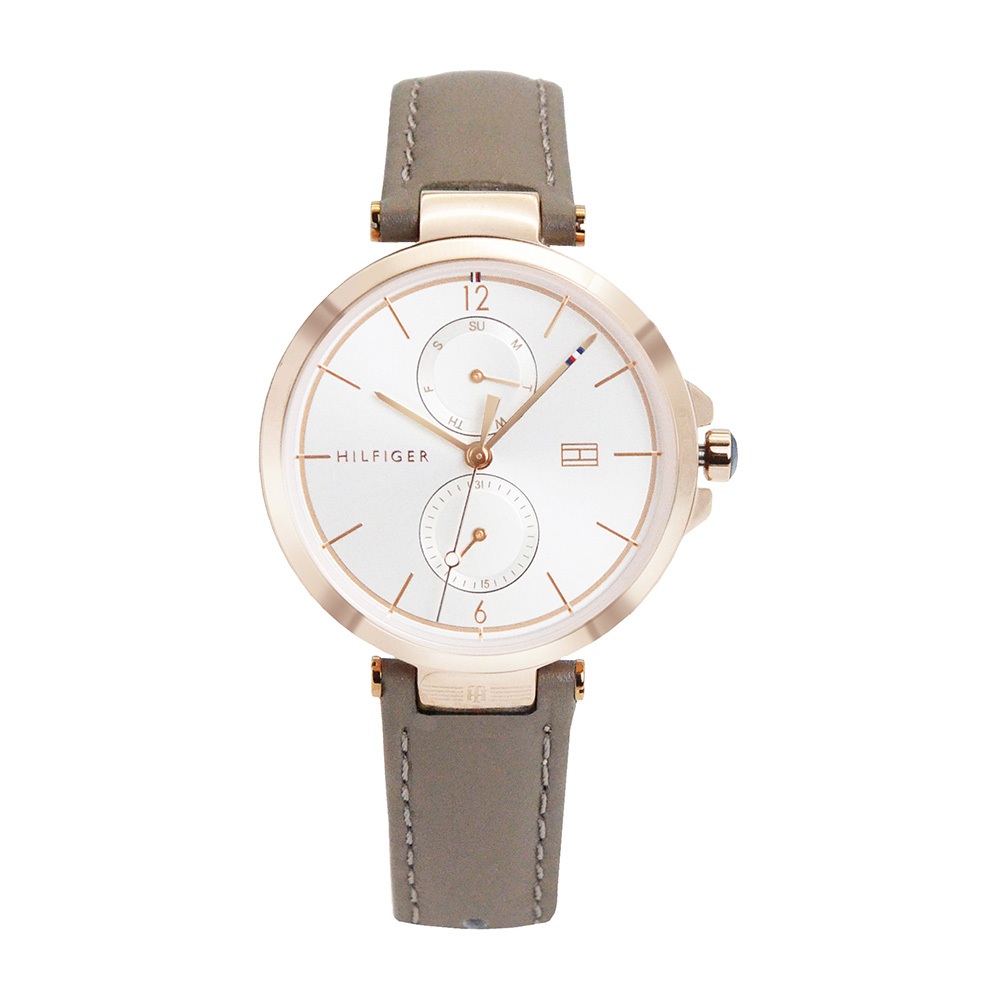 【For You】當天寄出 I Tommy Hilfiger 玫瑰金框 白面 兩眼日期顯示腕錶 茶色真皮錶帶 手錶