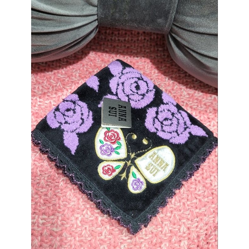 全新 日本帶回 ANNA SUI 安娜蘇 薔薇 蝴蝶 方巾 手帕 立體 刺繡