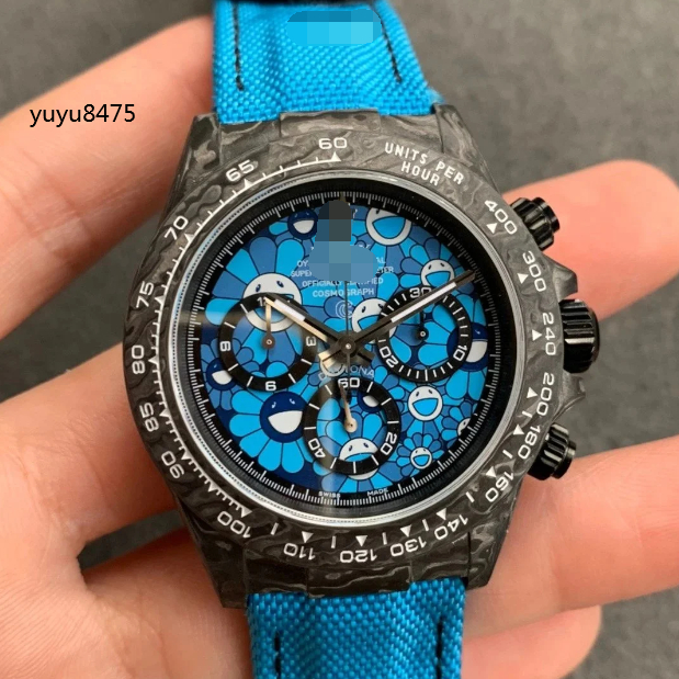 大廠宇宙三眼計時迪通拿diw碳纖維版本藍色太陽花4130機芯實拍運動男士手錶防水計時全自動上鏈機芯手錶男腕錶高端腕錶