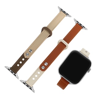 Apple Watch 全系列通用錶帶 蘋果手錶替用錶帶 雙釘扣 雙色真皮錶帶 褐x杏色/米白x棕色 ＃858-383