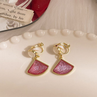 ❤️vivi飾品❤️無耳洞 韓風簡約貓眼石粉色扇形夾式耳環