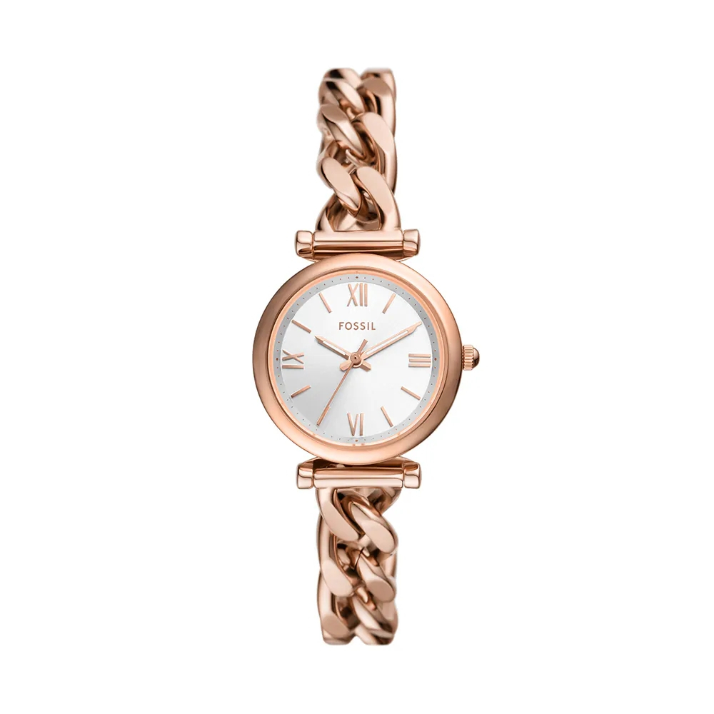 Fossil Carlie 優雅玫瑰金羅馬時刻手鍊式女錶 玫瑰金色不鏽鋼錶帶 28MM (ES5330)