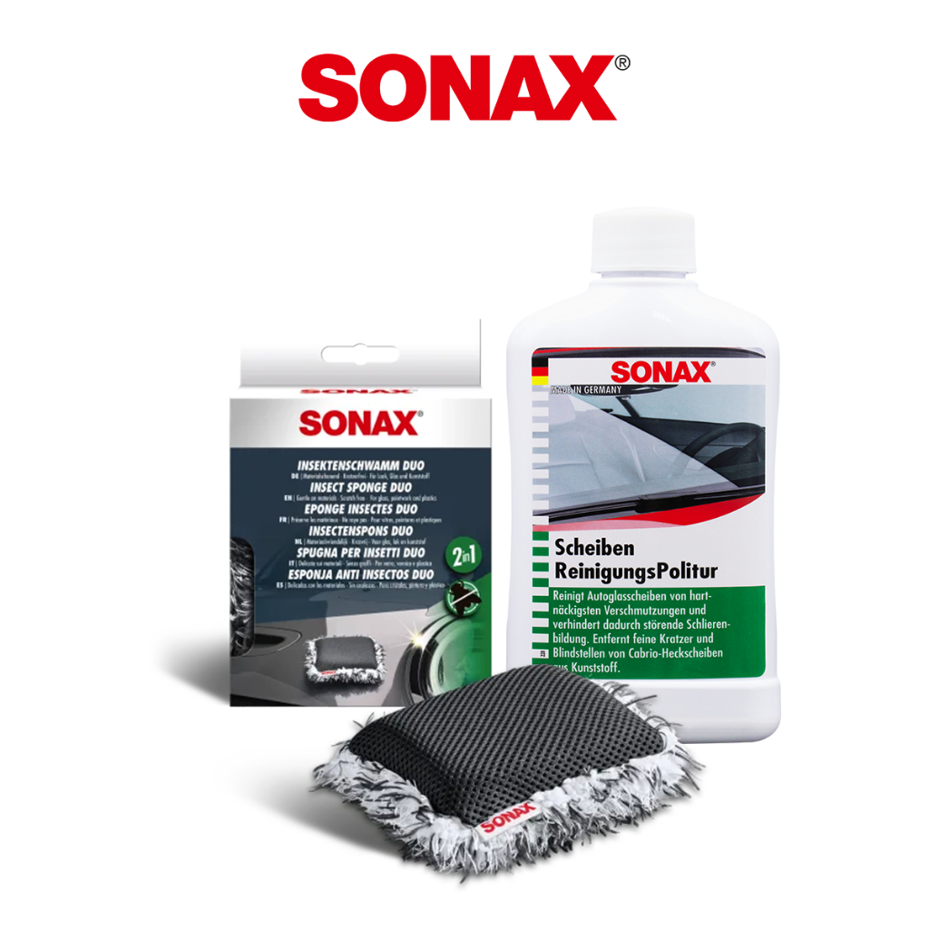 SONAX 深層油膜清潔組 油膜速除專家+雙效多功能清潔綿 除玻璃油膜 除蟲屍 3D網狀編織海綿 2in1 升級雙面