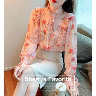 【Sherrys Favorite】臺灣現貨🔥巨美💖高質感溫柔甜美優雅法式名媛氣質荷葉邊立領蝴蝶結粉色碎花雪紡喇叭長袖衫
