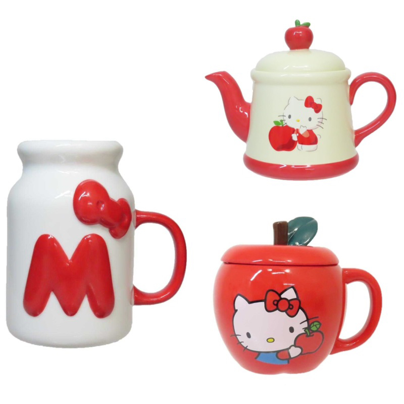 Hello Kitty 造型陶瓷茶壺350ml 蘋果造型馬克杯附杯蓋330ml 牛奶瓶造型馬克杯200ml 50週年系列