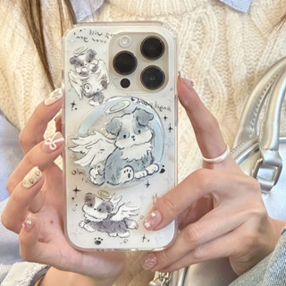 趙露思同款 ins天使翅膀小邊牧狗狗磁吸支架iPhone 15 Promax 14 Pro手機殼雙層工藝矽膠12蘋果13