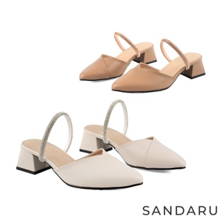 山打努SANDARU-穆勒鞋 尖頭壓褶水鑽線條低跟拖鞋