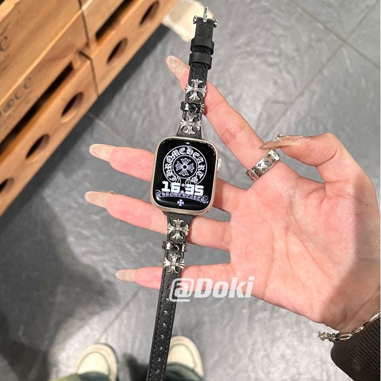y2k細款十字架真皮錶帶適用於蘋果手表apple watch 9/8/7/se/6男女款38/40 42/44/45mm