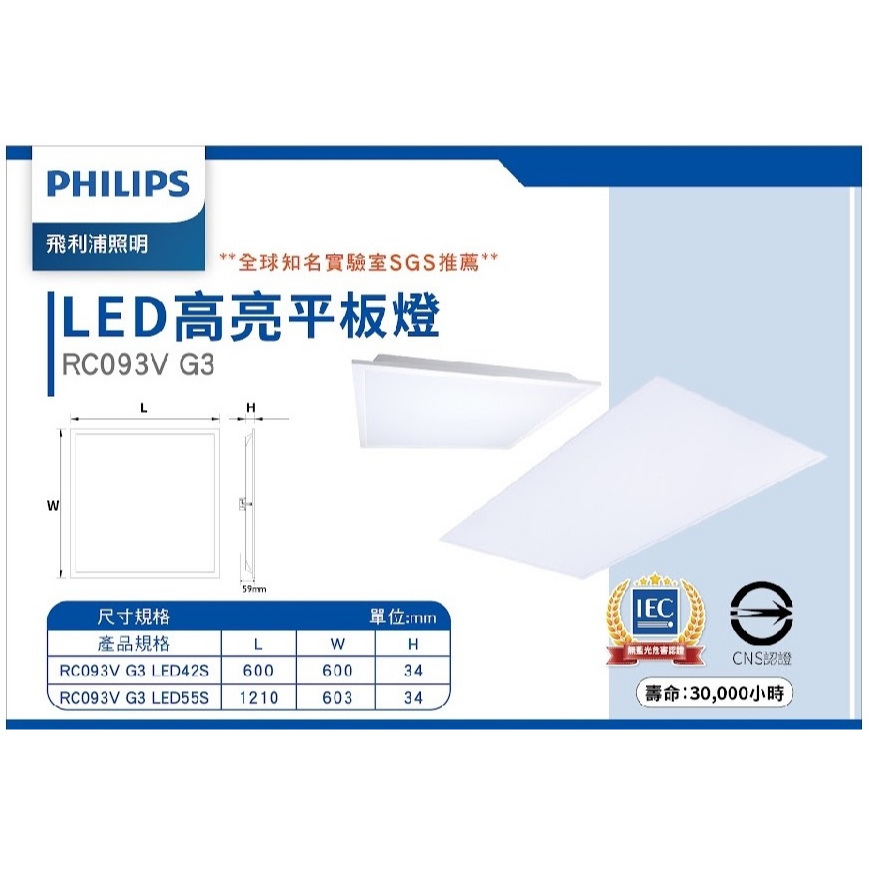 PHILIPS 飛利浦 LED 高亮 平板燈 2x2尺34W / 4x2尺48W RC093V (自然光/白光) 全電壓