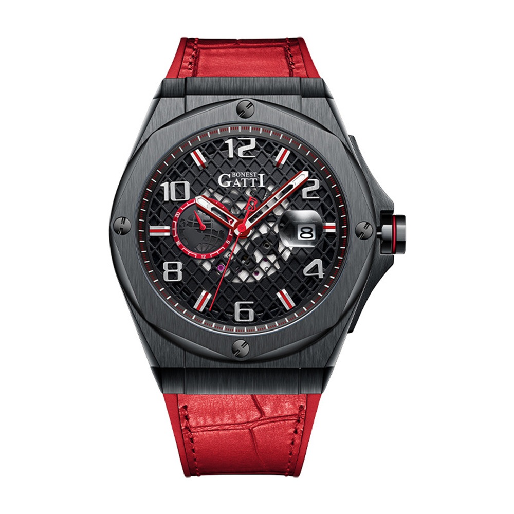 【For You】BONEST GATTI 布加迪 原廠授權 - 紅色款 網格錶盤 皮革+橡膠組合錶帶 機械手錶 男錶