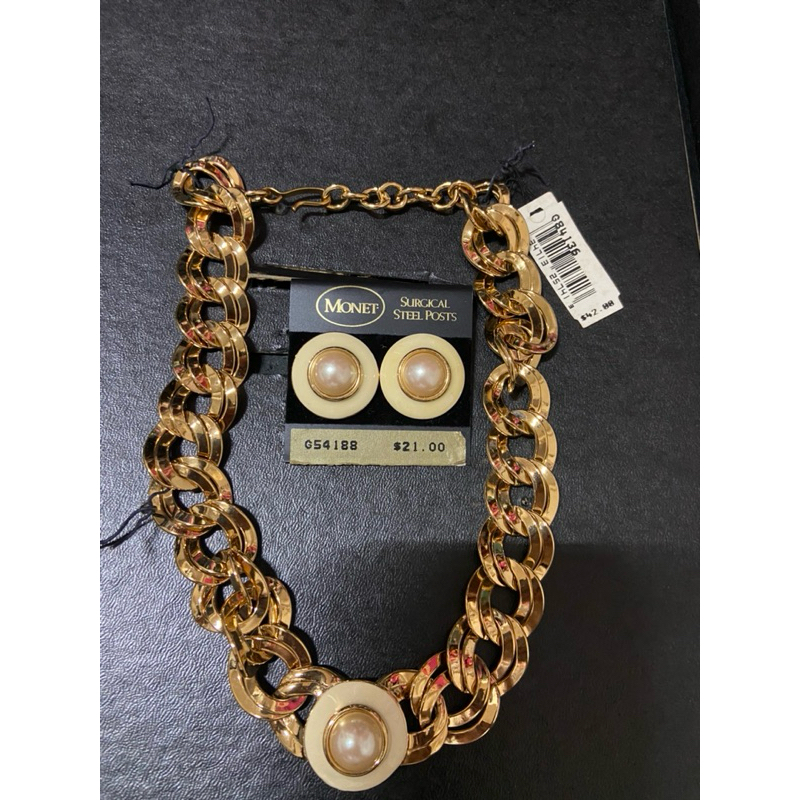 美國西洋古董飾品 / 金色調MONET莫內寬雙圈琺瑯珍珠摩登項鍊+耳環