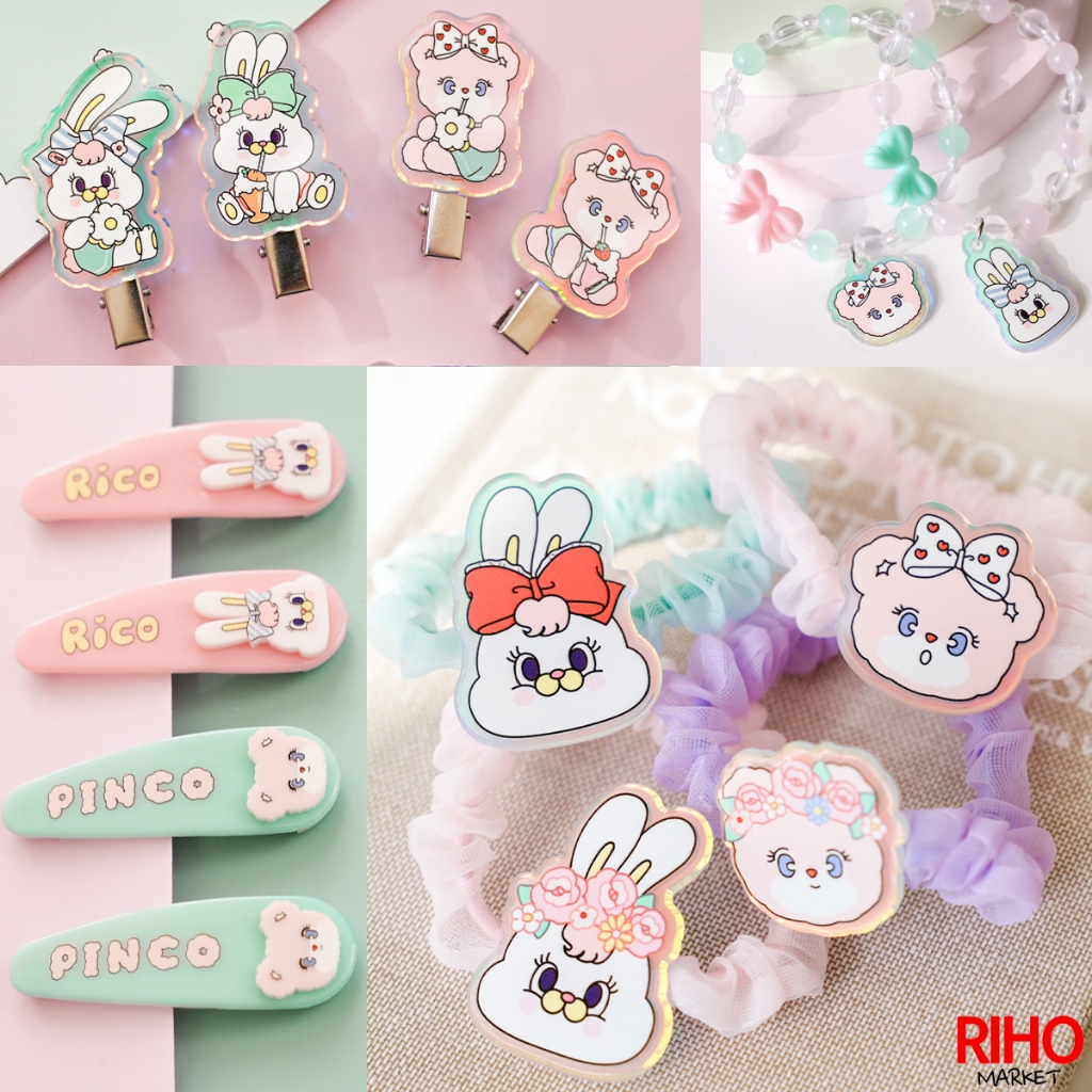 韓國大創 Daiso 粉紅莉可兔 彈力夾 髮夾 髮圈 髮束 夾子 手環 串珠手鍊 髮飾 可愛 兎子 熊 MOMOREI