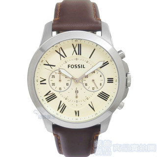 FOSSIL 腕錶 FS4735手錶 羅馬時標 三眼計時 米白麵 棕色錶帶 44mm 男錶【澄緻精品】