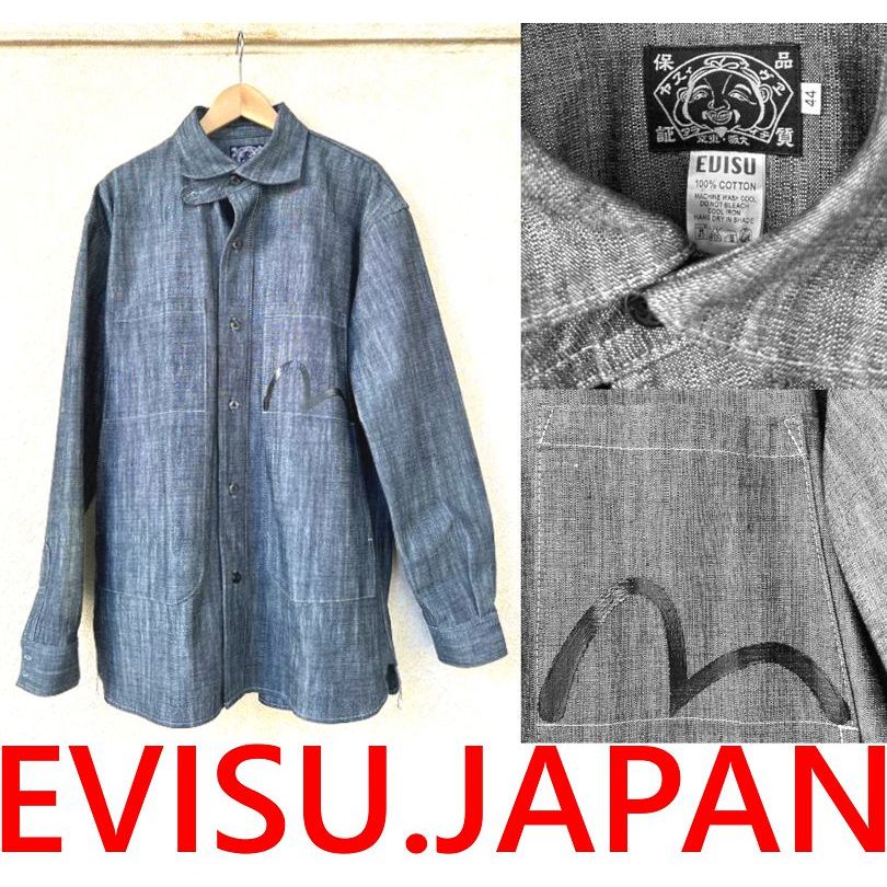 BLACK全新EVISU.JAPAN稀有日本製MADE IN JAPAN純手工繪製大M油漆丹寧布襯衫