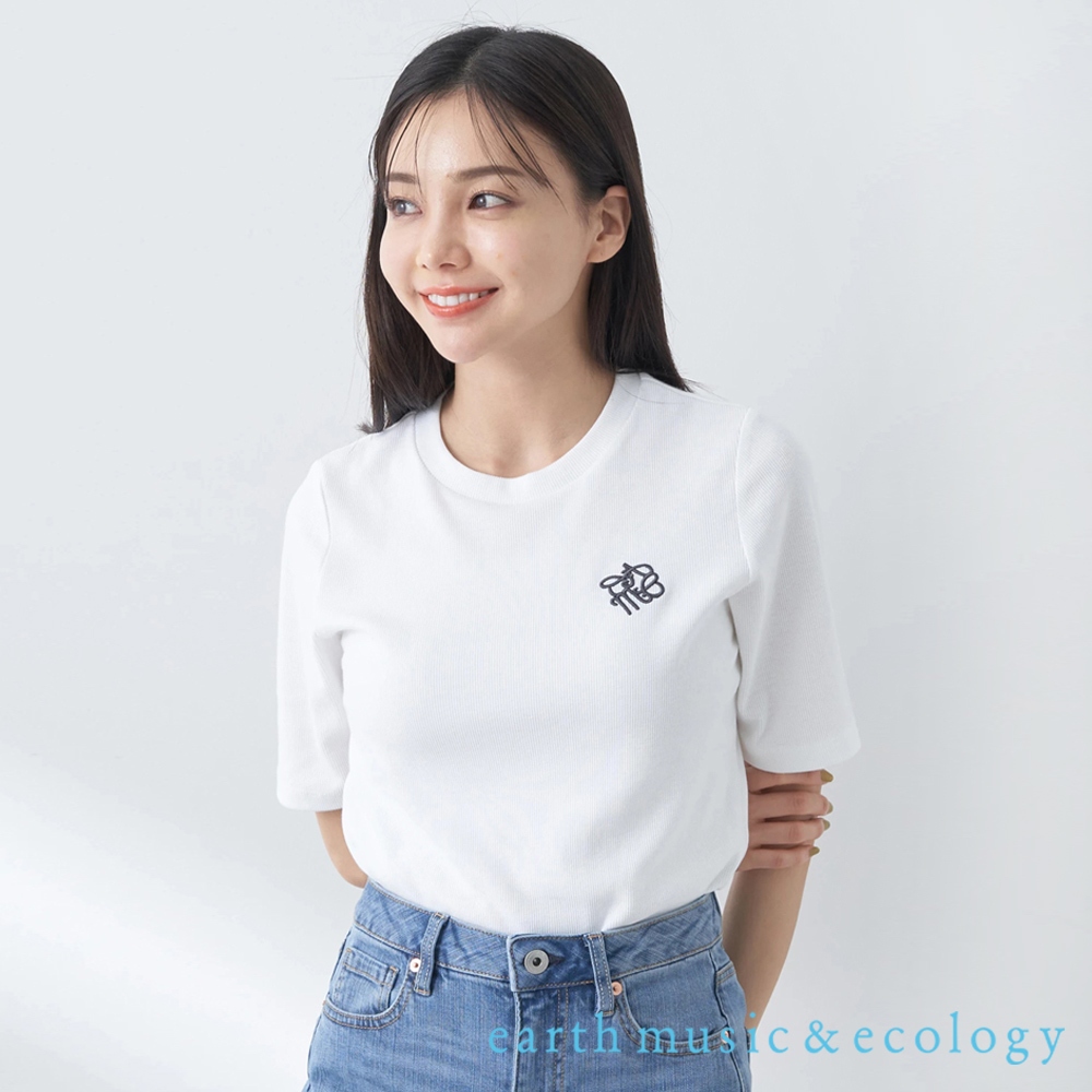 earth music&amp;ecology LOGO刺繡羅紋圓領短袖T恤(1M42L1C0600)