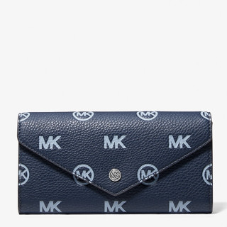 【美麗小舖】MICHAEL KORS 藍色 MK壓印荔枝紋皮革 長夾 發財包 皮夾 掀蓋信封長夾~M88442