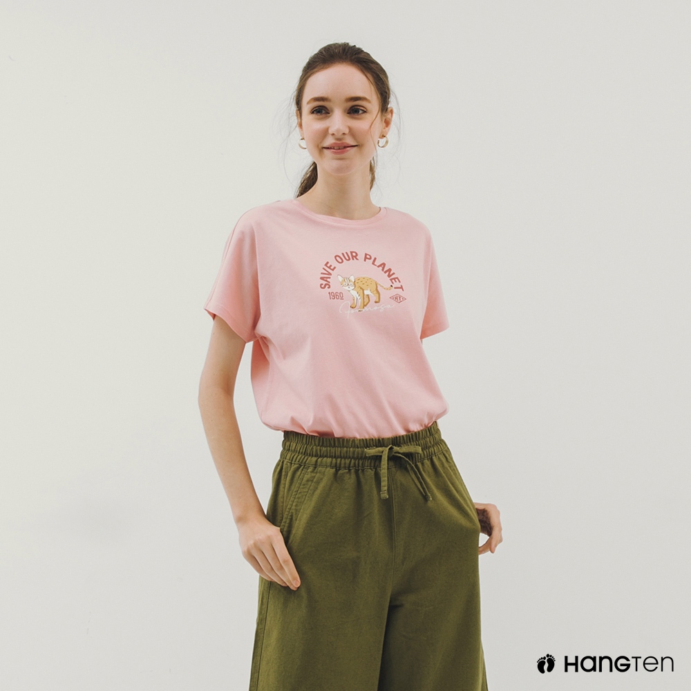 Hang Ten-女裝BCI純棉保育動物印花短袖T恤(淺粉)