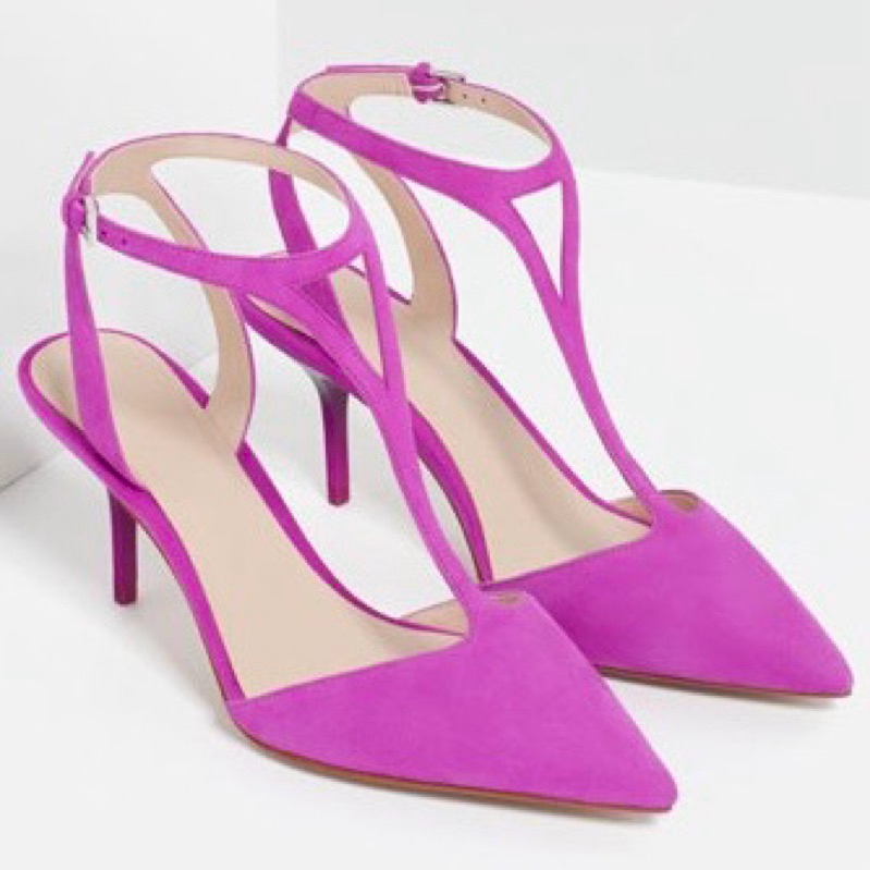 🎀西班牙ZARA專櫃真品🎀桃紫色山羊皮真皮細踝帶漸層中跟鞋