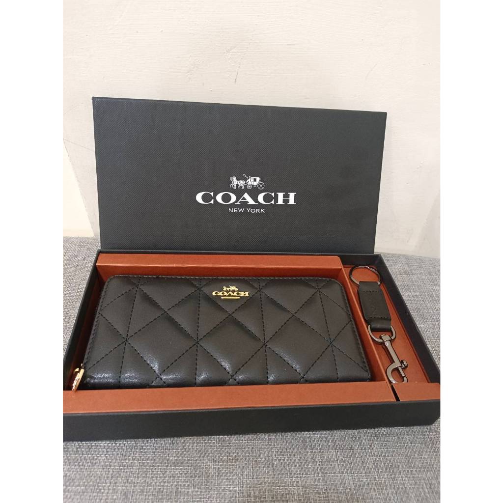 ❤️正品現貨❤️COACH 馬車LOGO菱格紋皮革拉鍊長夾禮盒(黑)（有購證）