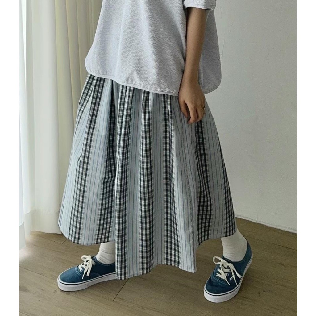 (免運預購) yoom 春款格紋拼接條紋棉長裙 (妳有喜歡就來問價錢會再便宜) (正韓東大門檔口)