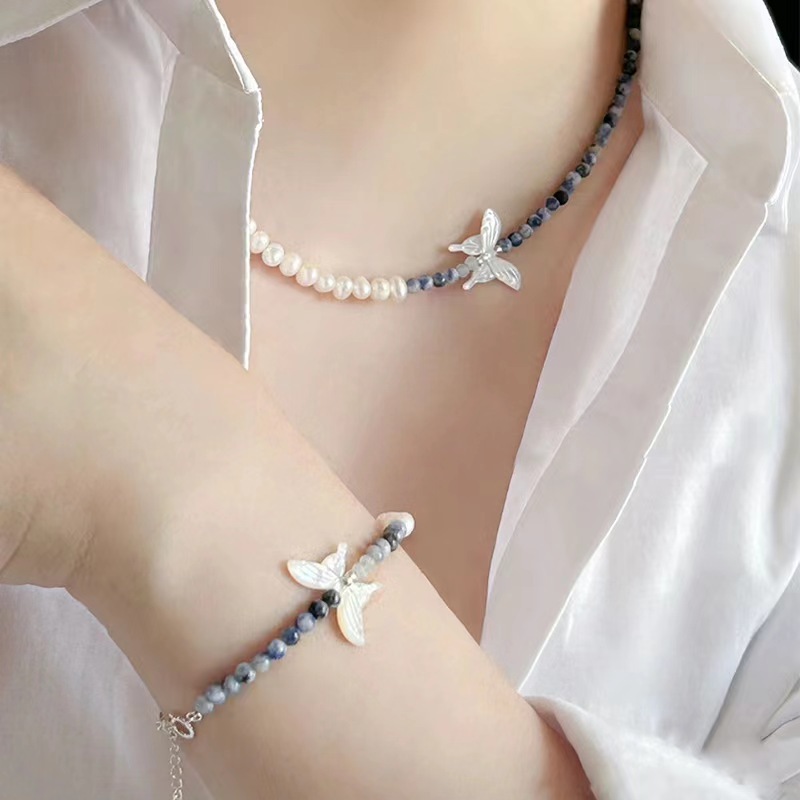 S925銀天然藍點石蝴蝶珍珠項鍊 女百搭高級感小眾春夏串珠頸鍊飾品 項鏈 手鏈